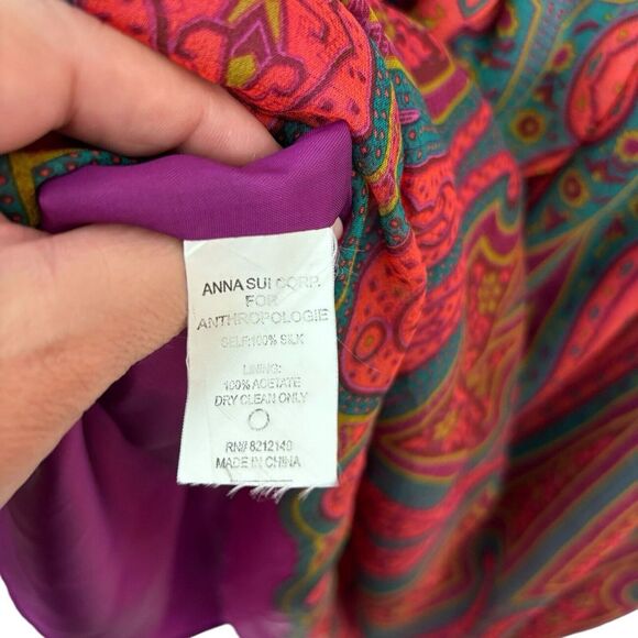 Anna Sui Anthropologie 100% Silk Printed Wrap Boho V Neck Pink Red Dress Size 8 - Picture 12 of 14
